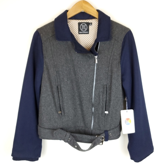 dear creatures Jackets & Blazers - Dear Creatures Riley Grey & Navy Wool Moto Jacket NWT